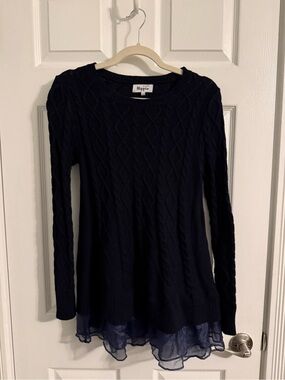 Military Hippie Navy Long-Sleeve Cable Knit Dress with Sheet Ruffle Hem